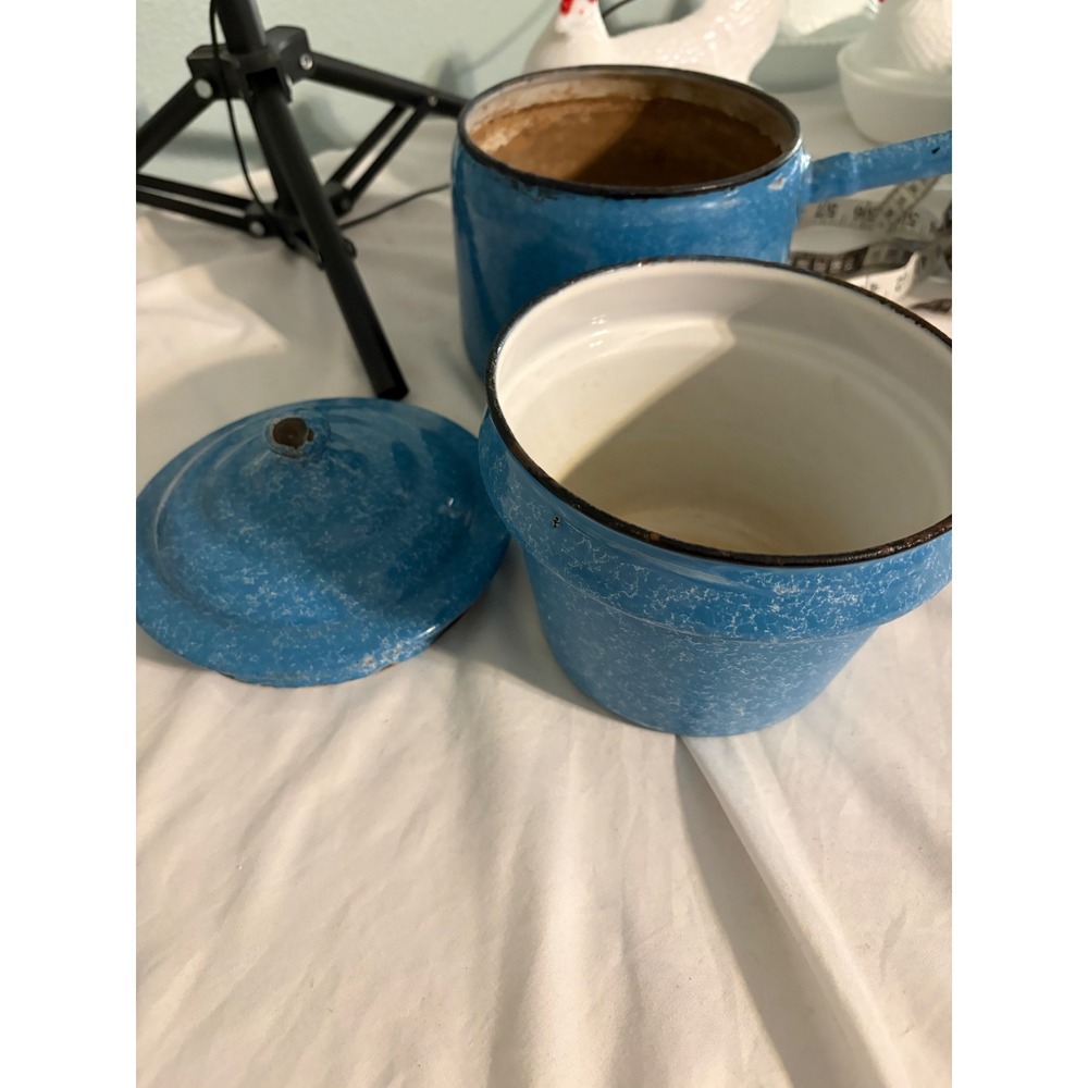 Vintage Blue Granite Enamelware Double Boiler Speckled Pot with Lid Farmhouse